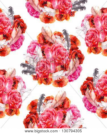 Vintage floral repeating sealess background with poppies, feathers and birds in natural colors