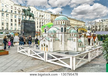Moscow Russia - April 24 2016: Model of Serbian Cathedral of Saint Sava in Tverskaya square.