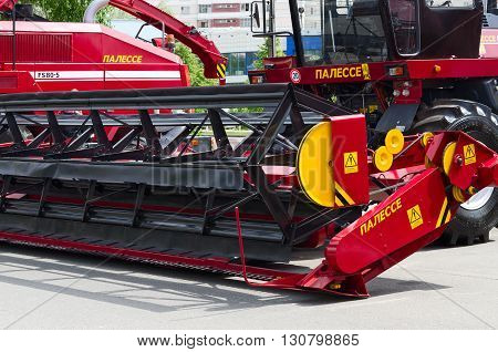 GOMEL BELARUS - MAY 19 2016: Reaper roller mounted in the open air during the XVII International Universal Exhibition-Fair 