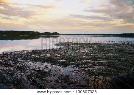 Pastel sunset over the reservoir. Uchinskoe Reservoir Russia Moscow region