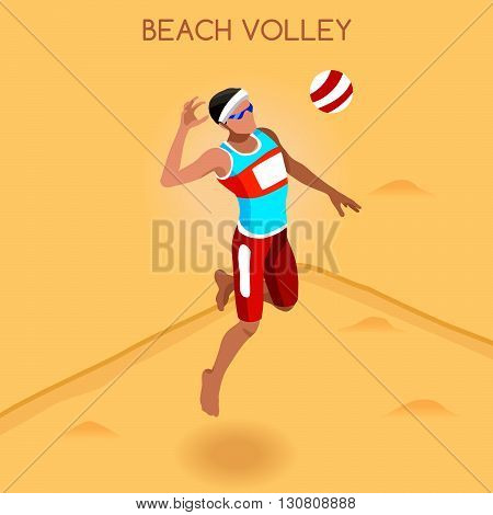 Beach Volley Player Summer Games Icon Set.3D Isometric Beach Volleyball.Sporting Championship International Beach Volley Competition.Sport Infographic Volley Vector Illustration
