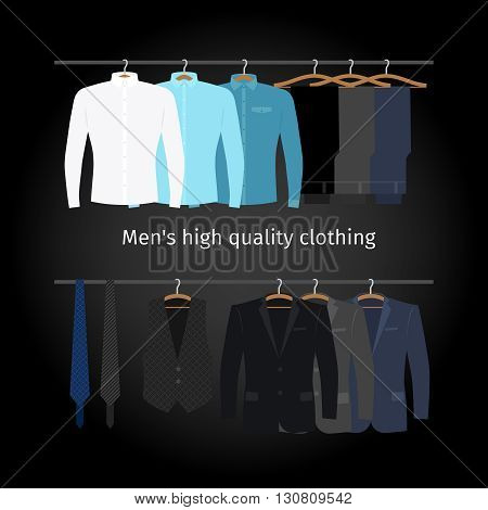 Business clothing on hangers. Mens casual clothing. Vector illustration