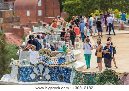 Tourists In Park Guell, Barcelona, Spain