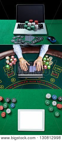 Collage of casino, online gambling, technology, people concept - close up of poker player with playing cards, laptop, chips at green casino table