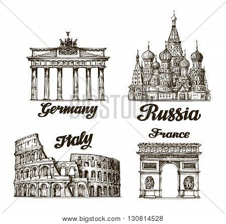 Travel. Hand drawn sketch Berlin, Moscow, Rome, Paris. Vector illustration