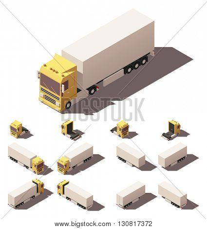 Vector Isometric icon or infographic element representing truck or tractor with box trailer or semi-trailer. Every truck and trailer in four views with different shadows