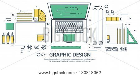 Lined, ouline flat graphic web design. Drawing and painting. Development. Illustration, sketching, freelance. User interface. UI. Computer, laptop.