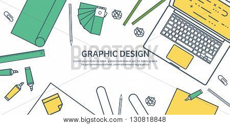 Lined, ouline flat graphic web design. Drawing and painting. Development. Illustration, sketching, freelance. User interface. UI. Computer, laptop.