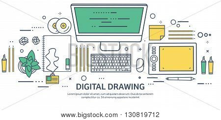 Lined, ouline flat graphic web design. Drawing and painting. Development. Illustration, sketching, freelance. User interface. UI. Computer, laptop.