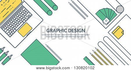 Lined, ouline flat graphic web design. Drawing and painting. Development. Illustration, sketching, freelance. User interface. UI. Computer, laptop.