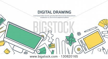 Lined, ouline flat graphic web design. Drawing and painting. Development. Illustration, sketching, freelance. User interface. UI. Computer, laptop.