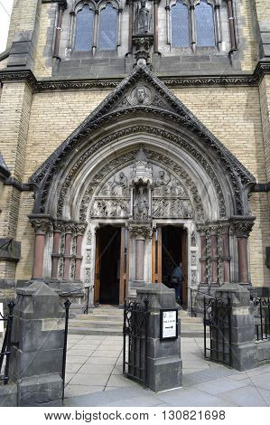 York Yorkshire England UK - May 22 2016 : The historical front entrance of the Roman Catholic church of St Wilfrid in York