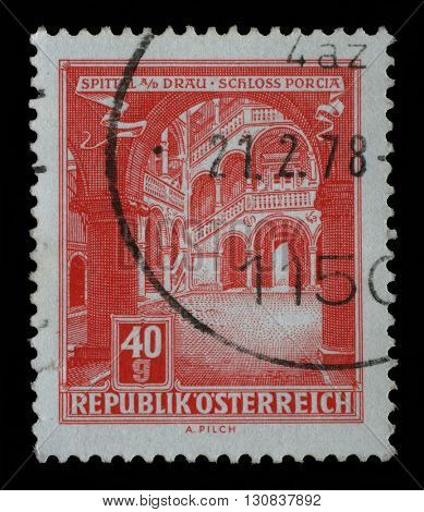 ZAGREB, CROATIA - SEPTEMBER 03: A stamp printed in Austria, shows Schloss Porcia (Porcia Castle) in Spittal an der Drau, circa 1962, on September 03, 2014, Zagreb, Croatia