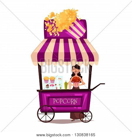 Selling popcorn on the street, comic cartoon vector illustration isolated on white background, seller sells popcorn on a mobile shop, selling fast food made from corn meal