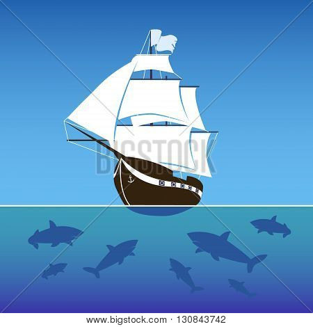 Sailing ship surrounded by sharks in the sea. Vector Illustration