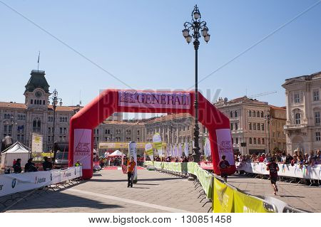 TRIESTE ITALY - MAY 08: Finish line of the Bavisela half marathon in Trieste on May 08 2016