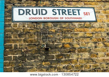 London United Kingdom - April 30 2016: Druid Street market in Bermondsey (located in railway arches). Great artisan street food stalls and bars. Street sign sign