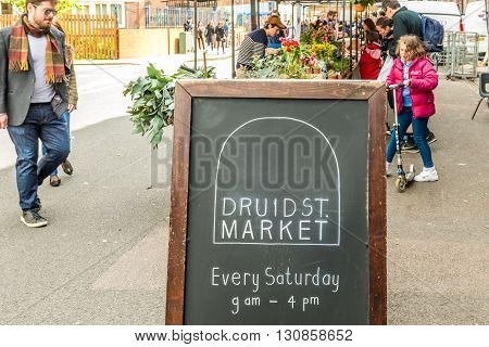 London United Kingdom - April 30 2016: Druid Street market in Bermondsey (located in railway arches). Great artisan street food stalls and bars. Market sign