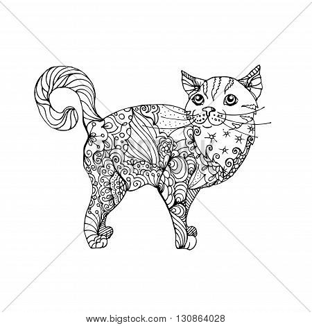 hand drawn ink doodle cat on white background. Coloring page - zendala, design for adults, poster, print, t-shirt, invitation, banners, flyers.