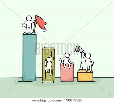 Sketch of diagramm with working little people. Doodle cute miniature teamwork. Hand drawn cartoon vector illustration for business design and infographic.