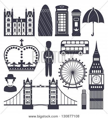 Illustration Silhouette Symbols of Great Britain Kingdom, Big Ben, Tower Bridge, Queen, Queen's Guard, Crown, Wheel, Bus, Telephone Box, Post Box, Umbrella, Isolated on White Background - Vector