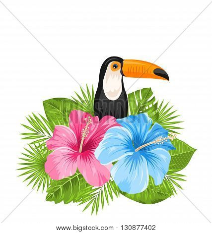 Illustration Beautiful Exotic Nature Background with Toucan Bird, Colorful Hibiscus Flowers Blossom and Tropical Leaves, Isolated on White Background - Vector