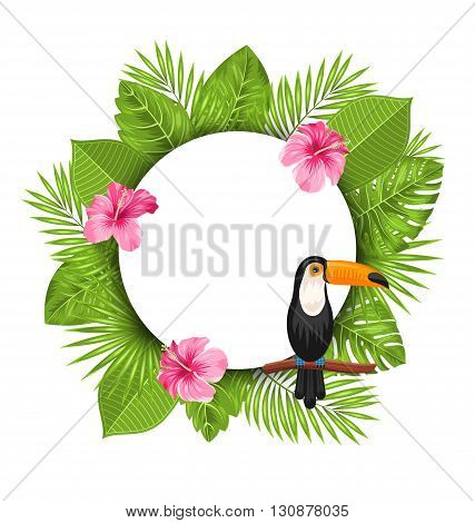 Illustration Clean Card with Pink Roses Mallow, Toucan Bird on Branch and Green Tropical Leaves - Vector