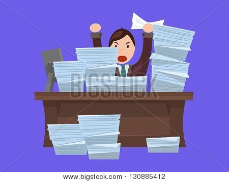Flat illustration with evil workers in a suit at a table littered with papers. Loaded worker. Vector element for your design and infographics