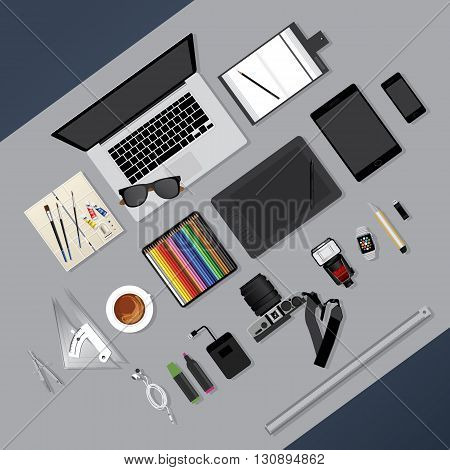Flat Design Graphic Designer Tool Workplace concept