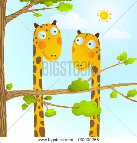 Funny friends giraffes cartoon in nature or zoo with trees background for children. Wildlife childish illustration. Vector EPS10.