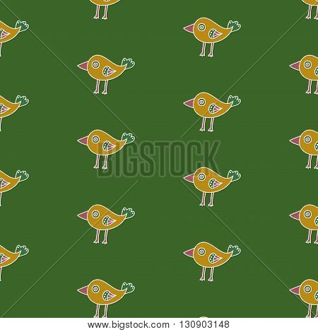 Small childish bird seamless pattern on a green background. The cartoon hand drawn bird with a big pink beak and a green tail. Vector illustration
