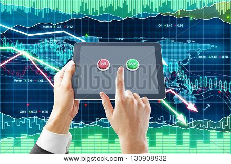 Fund manager pressing sell and buy buttons on tablet with forex chart in the background. 3D Rendering