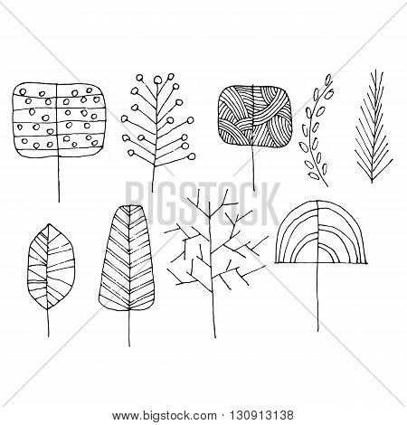 Hand drawn doodle trees set. Vector illustration.