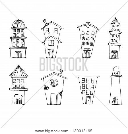 Hand drawn set of houses in doodle style. Vector illustration.