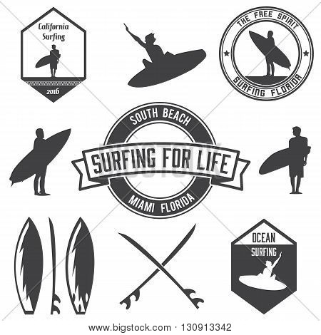 Set of surfing logos bundle, emblems and badges. Vector illustration.