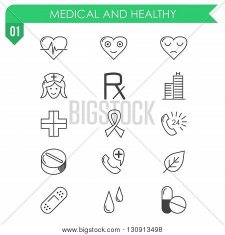 Set of medical and healthy icons on white background. Illustration in vector.