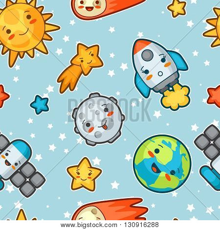 Kawaii space seamless pattern. Doodles with pretty facial expression. Illustration of cartoon sun, earth, moon, rocket and celestial bodies.