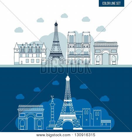 French Landmarks. Eiffel tower, Notre Dame in Paris, France. France travel. Historical and modern building in Paris and France.