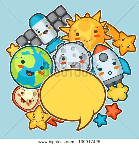 Kawaii space background. Doodles with pretty facial expression. Illustration of cartoon sun, earth, moon, rocket and celestial bodies.