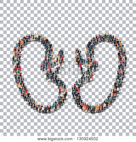 A group of people in the form of human kidneys, medicine , transparent,   isometrick , web infographics concept  illustration of a crowded square, flat 3d. Crowd point group forming a predetermined shape. Creative people.Transparency grid. 3D illustration