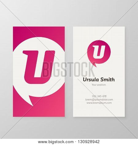 Modern letter U in speech bubble Business card template. Vector business personal card design. Layered editable.