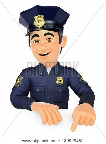 3d security forces people illustration. Policeman pointing down. Blank space. Isolated white background.