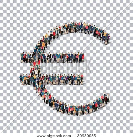 A group of people in the form of euro currency , transparent,   isometrick , web infographics concept  illustration of a crowded square, flat 3d. Crowd point group forming a predetermined shape. Creative people.Transparency grid. D illustration.