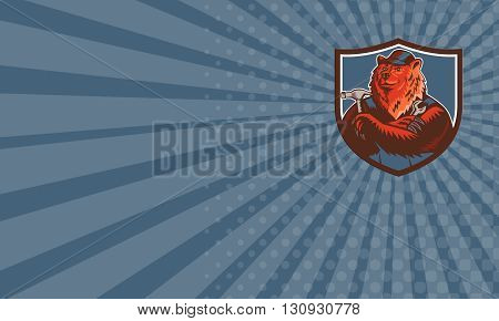 Business card showing illustration of a builder handyman Russian bear or Eurasian brown bear wearing hat arms folded with tools hammer and wrench facing front set inside crest shield done in retro woodcut style.