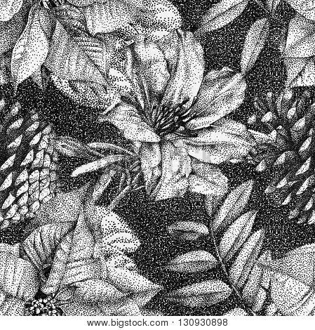 Seamless pattern with different flowers and plants drawn by hand with black ink. Graphic drawing pointillism technique. Can be used for pattern fills wallpapers web page surface textures