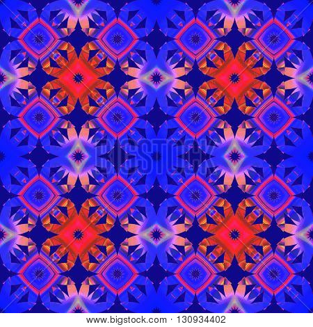 Abstract geometric seamless retro background. Conspicuous diamond pattern in orange, violet and purple shades.