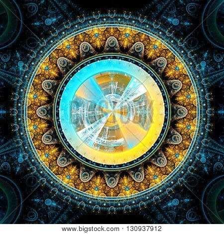 Time Machine. Mechanism and gear galactic hours. Infinity. Eternity. Mysterious psychedelic relaxation wallpaper. Sacred geometry. Fractal abstract pattern. Digital artwork creative graphic design.