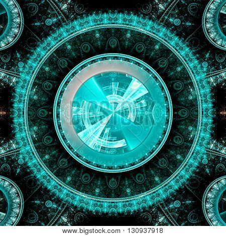 Time Machine. Mechanism and gear galactic hours. Infinity. Eternity. Mysterious psychedelic relaxation wallpaper. Sacred geometry. Fractal abstract pattern. Digital artwork creative graphic design.