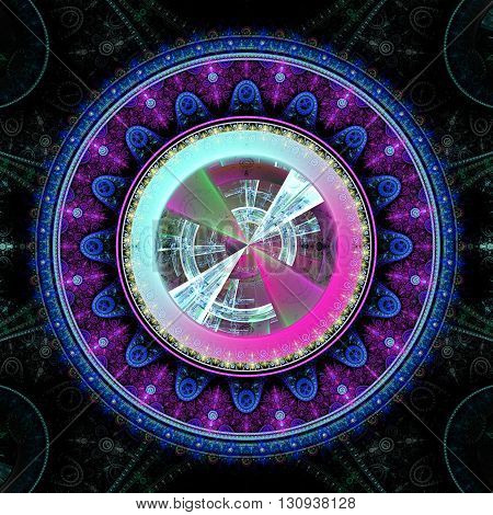 Time Machine. Mechanism and gear galactic hours. Infinity. Eternity. Mysterious psychedelic relaxation wallpaper. Sacred geometry. Fractal abstract pattern. Digital artwork creative graphic design.