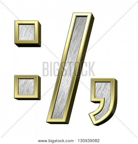 Colon, semicolon, period, comma from brushed stainless steel with gold frame alphabet set, isolated on white. 3D illustration.